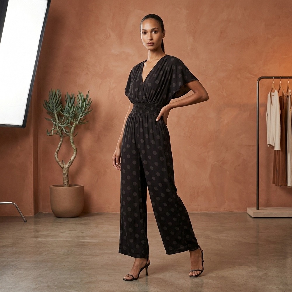 Madewell Black Polka Dot Wide Leg Jumpsuit V Neck Flutter Sleeve Smocked Waist‎